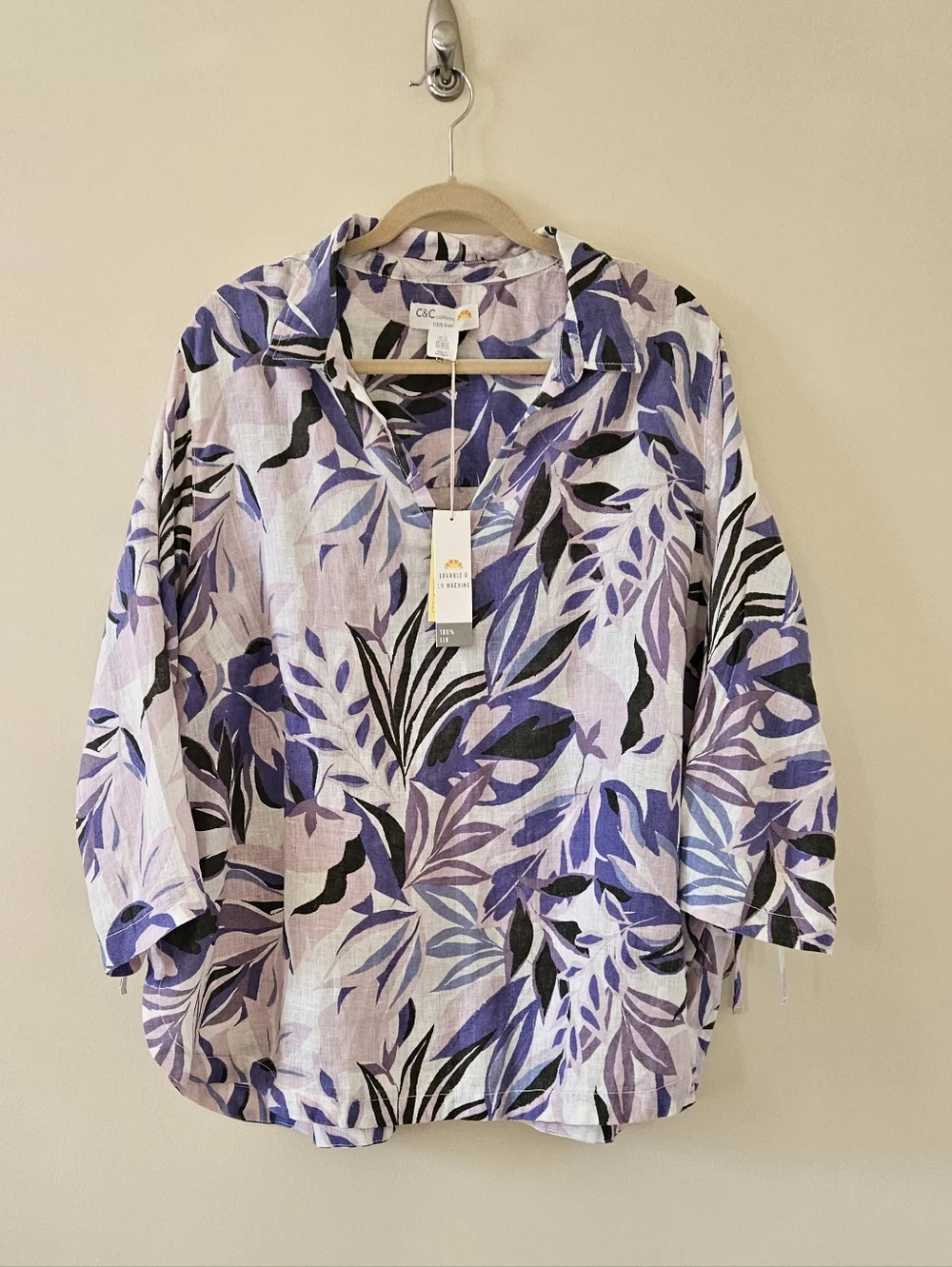 NWT C&C California 100% LINEN Purple on White Leaf Print Tunic Top Plus Size 2X - Picture 2 of 10